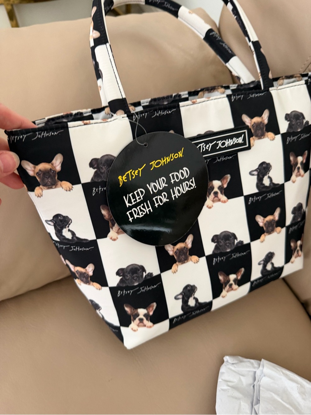 Betsey Johnson Black & White French Bulldog Print Insulated Tote - Picture 4 of 4